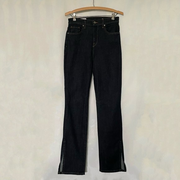 BLDWN Vented Skinny High Rise Side Slit Outer Ankle Flare Dark Blue Denim Jeans - Picture 8 of 17
